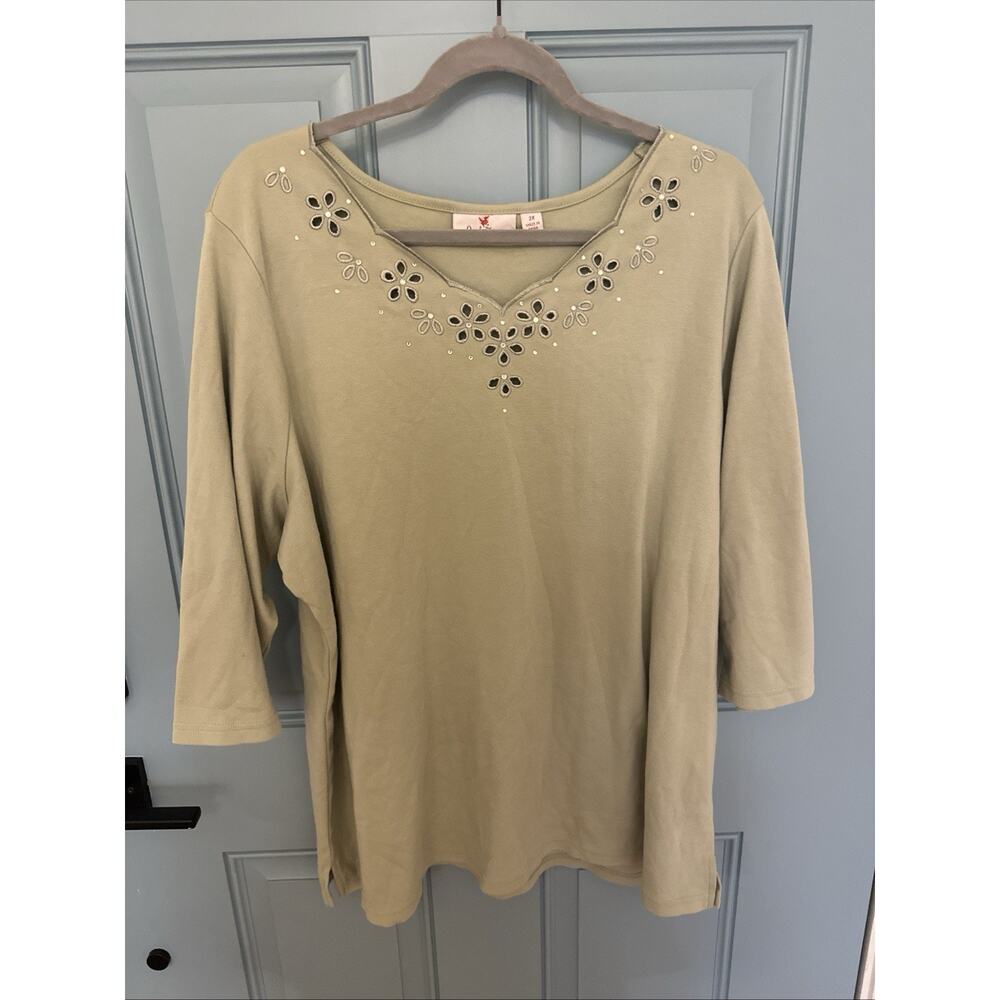 Quaker Factory‎ by Jeanne Bice Blouse Rhinestone 3/4 Sleeve Green Yellow 2X